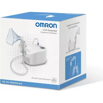 Stalinis purkštuvas Omron C101 Essential – tinklinis inhaliatorius, 0,35 ml/min, dalelių dydis 2,6 µm, 230V 50Hz, suaugusiųjų ir vaikų kaukės