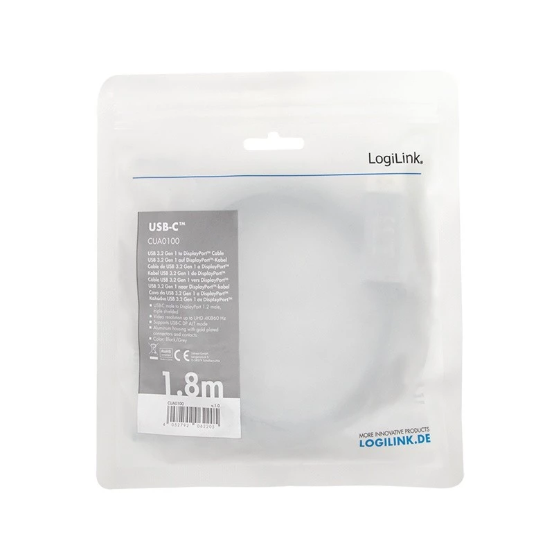 LogiLink CUA0100 Laidinio keitiklio adapteris DisplayPort USB 3.2 Gen1 Type-C 1,8 m juoda pilka