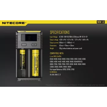 Baterijų kroviklis Nitecore NEW i2 — 2 angos, LiFePO4, Li-Ion, NiMH, 100–240 V, juodas