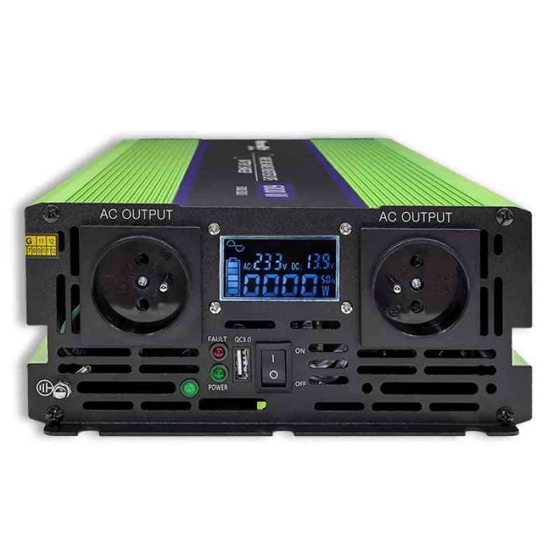 Qoltec Monolith įtampos keitiklis | Akumuliatoriaus įkroviklis | UPS | 2000 W | 4000 W | 12 V į 230 V | Grynas sinusas | LCD juodai žalias
