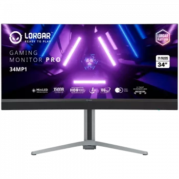 LORGAR 34MP1 UWQHD MiniLED žaidimų monitorius Pro, 34'' (3440*1440) VA lenktas ekranas, juoda/pieno pilka