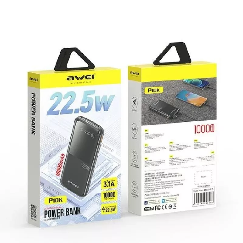 Awei PowerBank P10K 10000 mAh 22,5W Juoda/Juoda