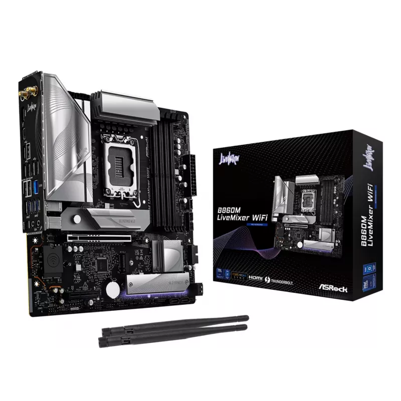 Pagrindinė plokštė ASRock B860M LiveMixer WiFi — Intel B860, LGA 1851, micro ATX, DDR5, 4x DIMM, Wi‑Fi 6E, 2.5Gb LAN