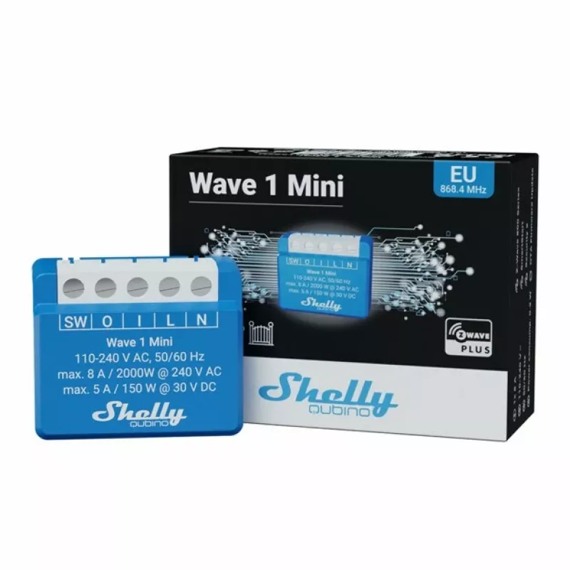 Šviesos relė Shelly Qubino Wave 1 Mini belaidė 110–240V, 8A AC / 5A DC, 868,4 MHz, patalpų, mėlyna