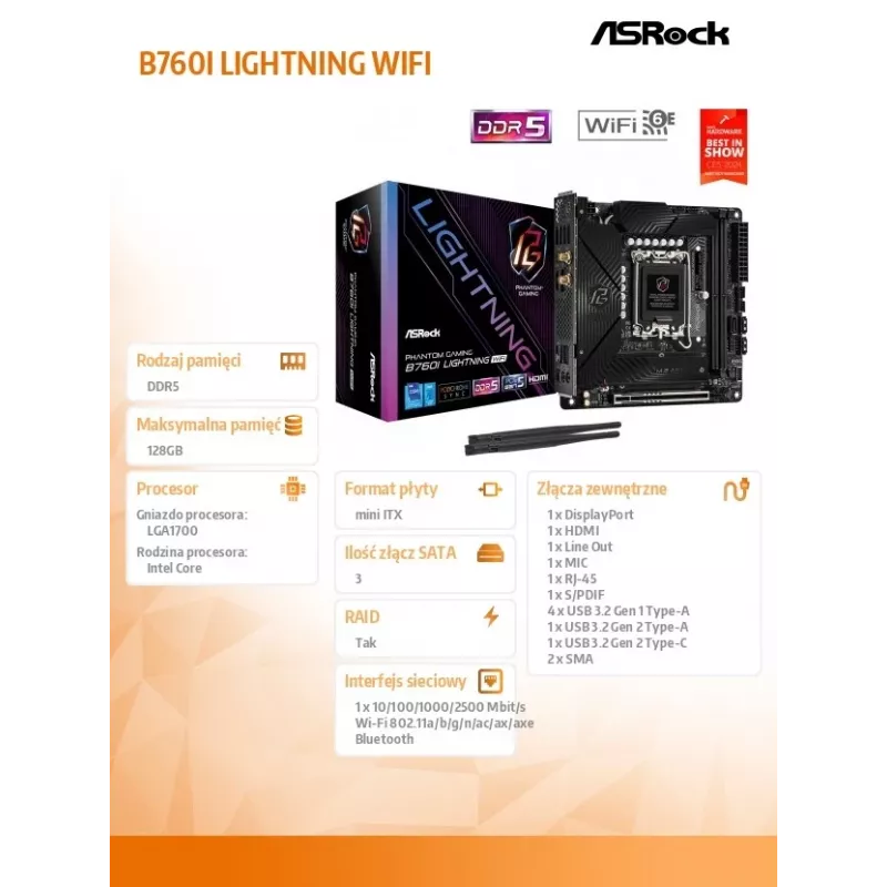 ASRock B760I Lightning WiFi DDR5 Mini-ITX pagrindinė plokštė LGA1700