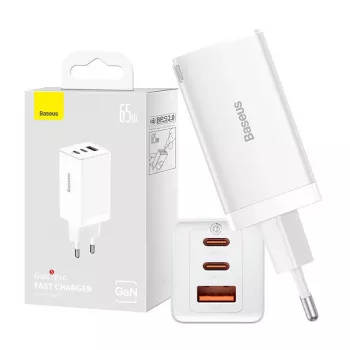Sieninis įkroviklis Baseus GaN5 Pro 65W — USB + 2×USB-C (QC3.0, PD3.0) su 1 m USB-C laidu, baltas