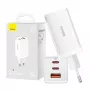 Sieninis įkroviklis Baseus GaN5 Pro 65W — USB + 2×USB-C (QC3.0, PD3.0) su 1 m USB-C laidu, baltas