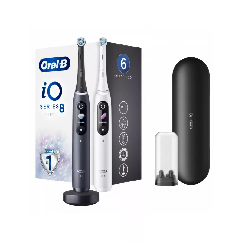 Oral-B iO8 Series Duo elektrinis dantų šepetėlis, įkraunamas, 2 antgaliai, 6 režimai, juodas/baltas