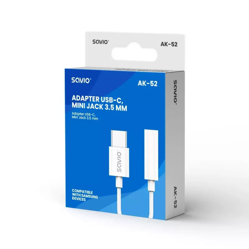 USB Type-C (M) – Jack 3,5 mm (M) garso adapteris baltas SAVIO AK-52