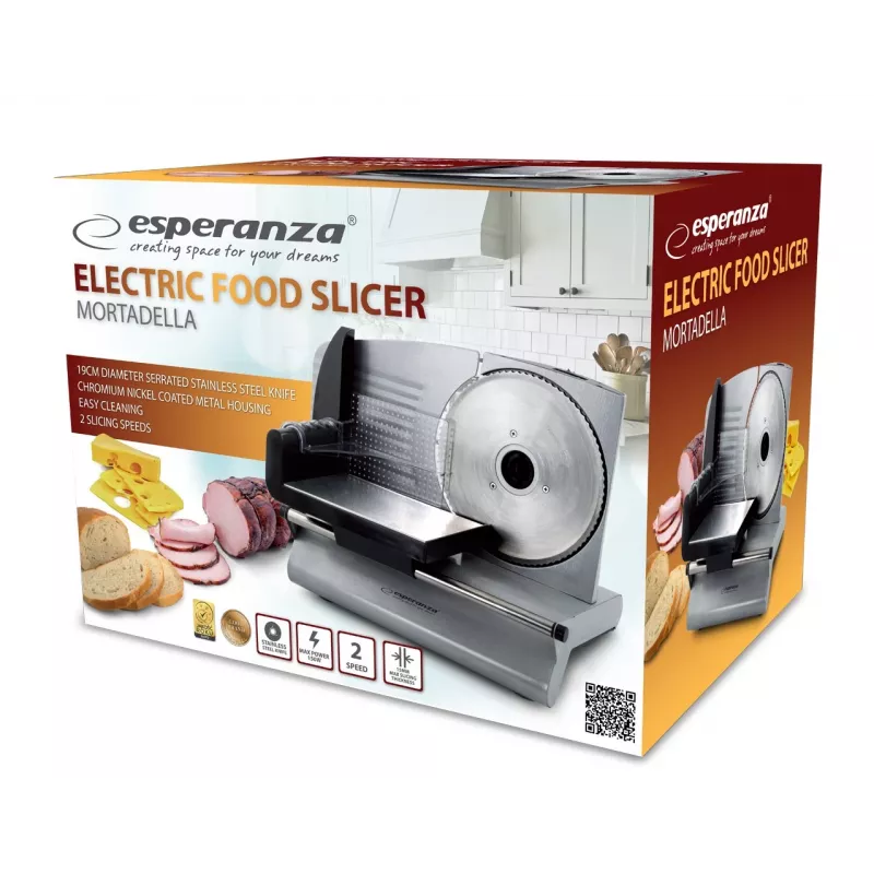 Elektrinė pjaustyklė ESPERANZA EKM018K, nerūdijančio plieno korpusas, 150 W, 19 cm peilis, pjūvio storis iki 1,5 cm