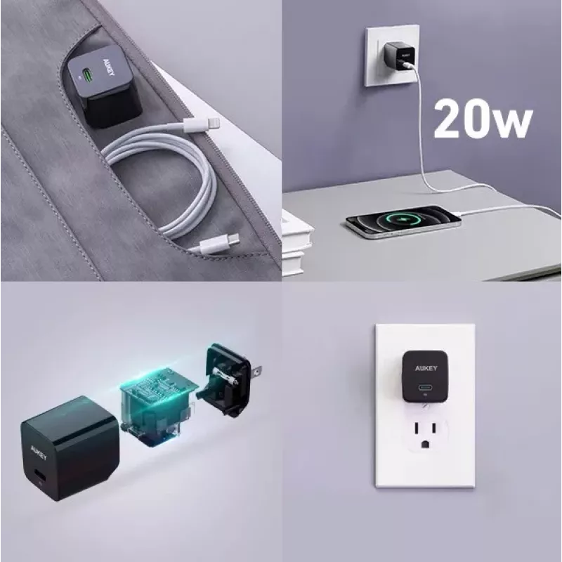 Mini tinklo įkroviklis AUKEY PA-Y20S Baltas 1xUSB-C 20W PD Power Delivery
