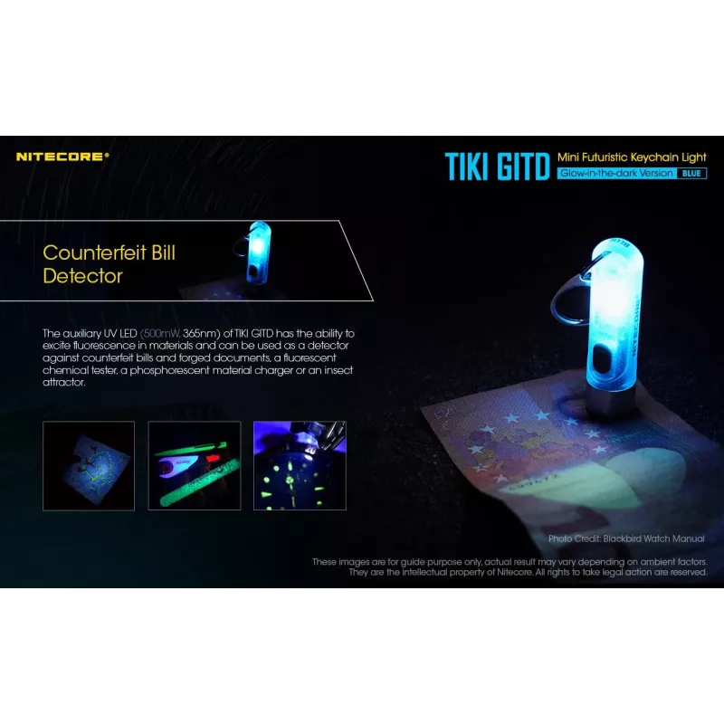 Raktų pakabuko žibintuvėlis Nitecore TIKI GITD BLUE pilkas, įkraunamas per USB, 1 lm, 55 mm, 12 g, IP66, atsparus smūgiams