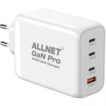 ALLNET Power Supply PSU-GaNPD-USB-1A3C-200W — 200 W GaN USB įkroviklis, 1× USB-A, 3× USB-C