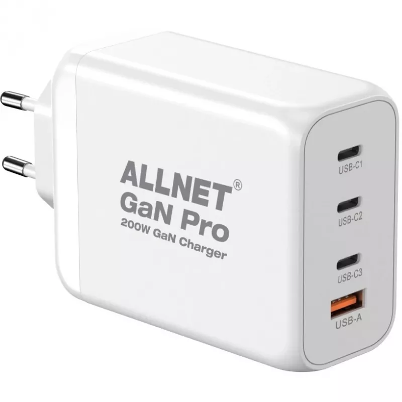 ALLNET Power Supply PSU-GaNPD-USB-1A3C-200W — 200 W GaN USB įkroviklis, 1× USB-A, 3× USB-C