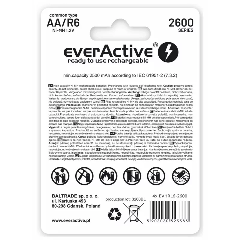Įkraunamos baterijos R6 AA 2600mAh EverActive Professional, 1 vnt. lizdinėje pakuotėje