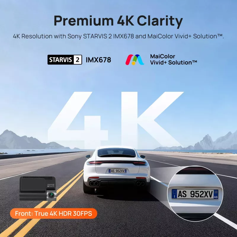 Vaizdo registratorius 70mai A810S 4K Ultra HD, 3840×2160, 146° FOV, 3 colių IPS, Wi‑Fi 6, GPS, MicroSD iki 512 GB, maitinimas iš cigarečių žiebtuvėlio