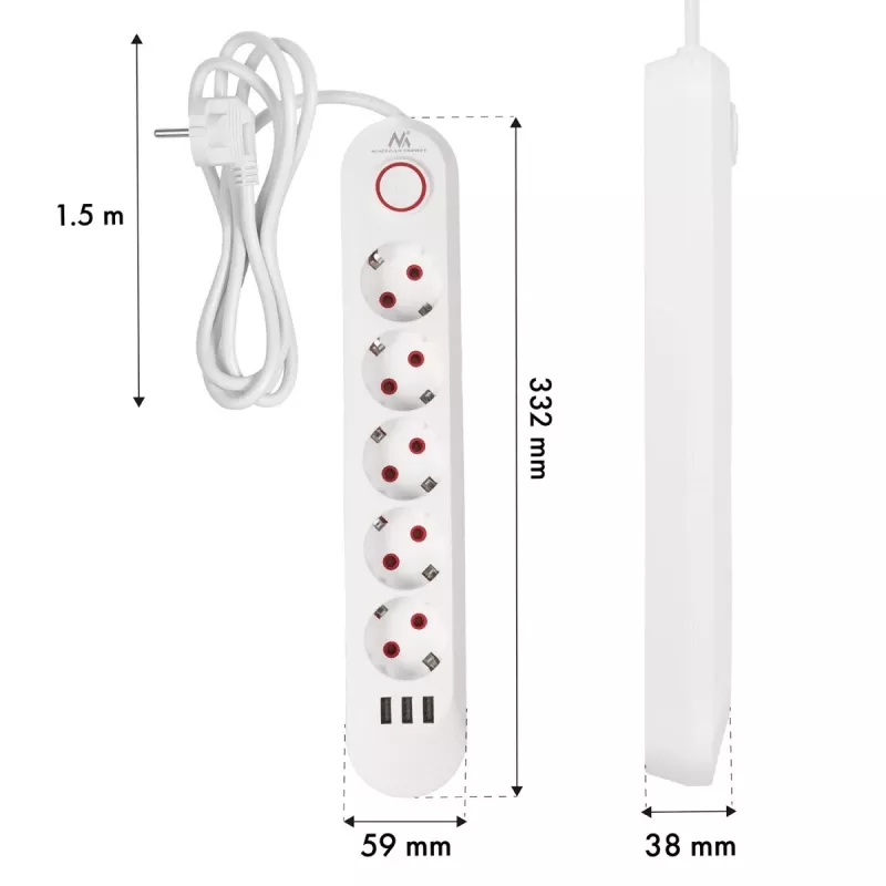 Maitinimo blokas MACLEAN MCE395 W – 5 lizdai, 3× USB A, 110–240 V AC, 2,1 A USB, max 2500 W, baltas, 1,5 m laidas