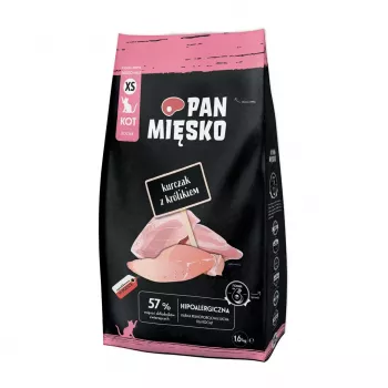 Sausas kačių ėdalas Pan Miesko Vištiena su Triušiu XS 1,6 kg — Maži kąsneliai, jaunikliams, 39% baltymų