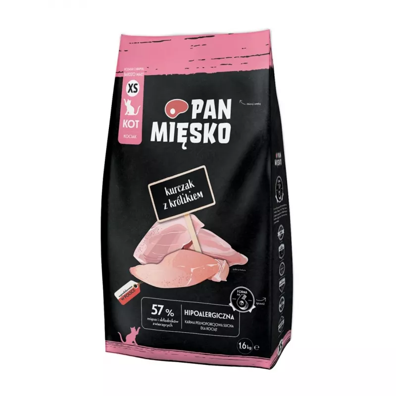 Sausas kačių ėdalas Pan Miesko Vištiena su Triušiu XS 1,6 kg — Maži kąsneliai, jaunikliams, 39% baltymų