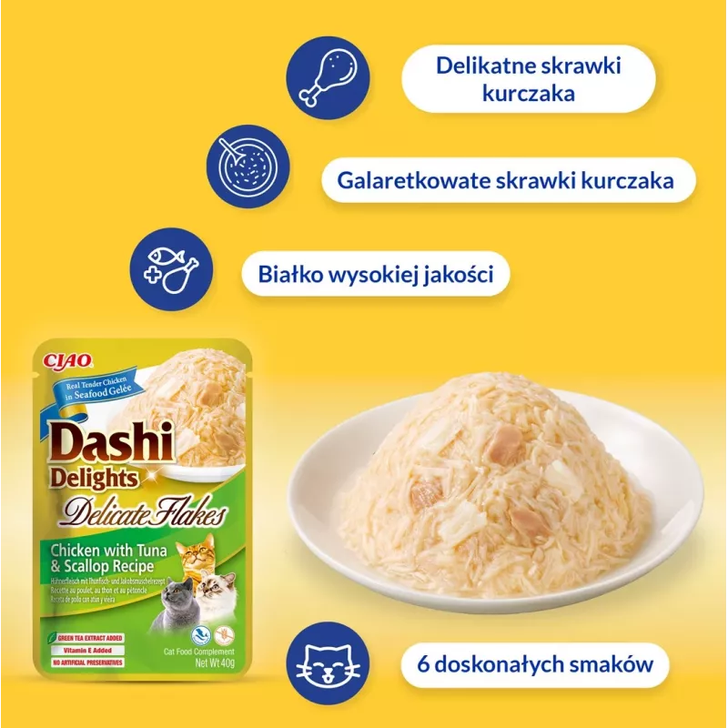 Šlapieji kačių skanėstai INABA Dashi Delights Delicate Flakes Vištiena su Tuna 40 g maišelis