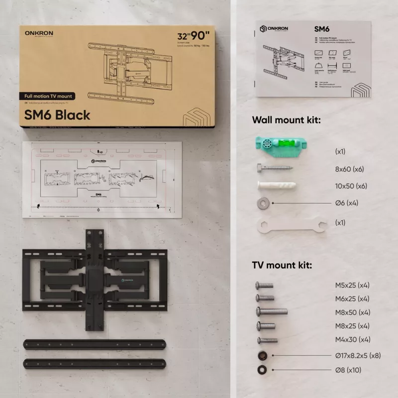 ONKRON SM6-B TV grindinis stovas 32–90 colių ekranams, 50 kg, VESA 200x200–600x400, pakreipimas -10–5°, pasukimas 40°