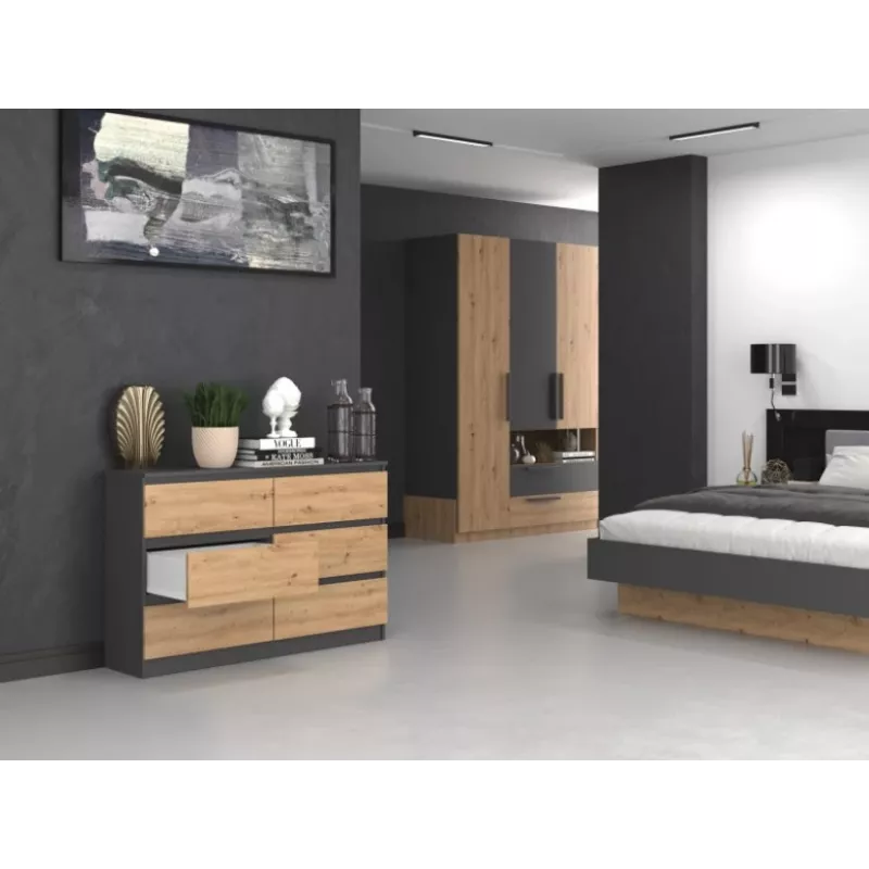 Komoda Top e shop M6 120 – Antracitas/Ąžuolas, 6 stalčių, 1200×300×770 mm, medžio drožlių plokštė