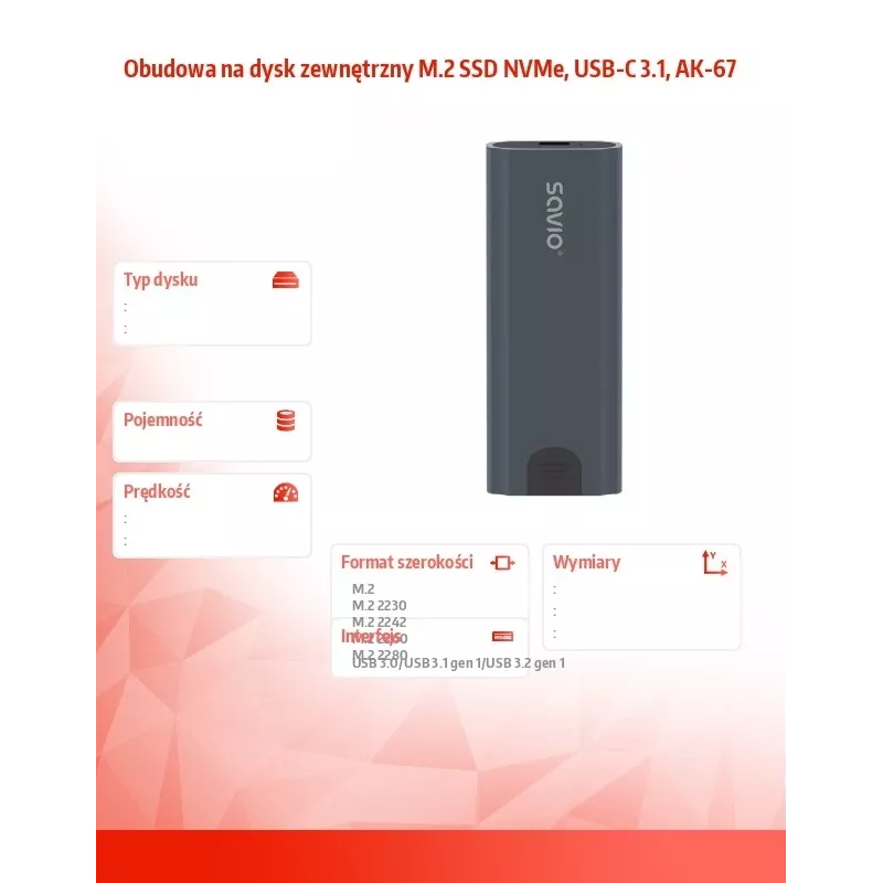 Išorinis M.2 SSD dėklas SAVIO AK-67 Pilka, USB 10 Gbit/s, vienam M.2 diskui