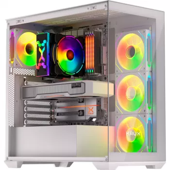 Kompiuterio korpusas KRUX Exo RGB White – ATX bokštas, plienas, 2x3.5 colio + 2x2.5 colio vietos, USB-C, RGB