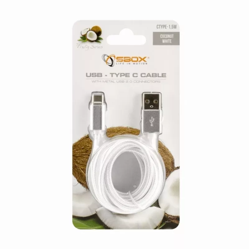 Sbox USB-TYPEC-15W USB->Type C laidas, 1,5 m, kokoso baltumo