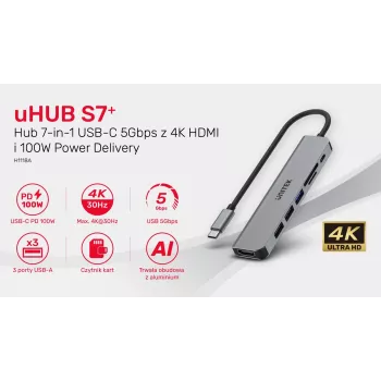 USB-C HUB Unitek 7v1 Aliuminis PD 100W 5 Gbps – kelių prievadų adapteris su Power Delivery