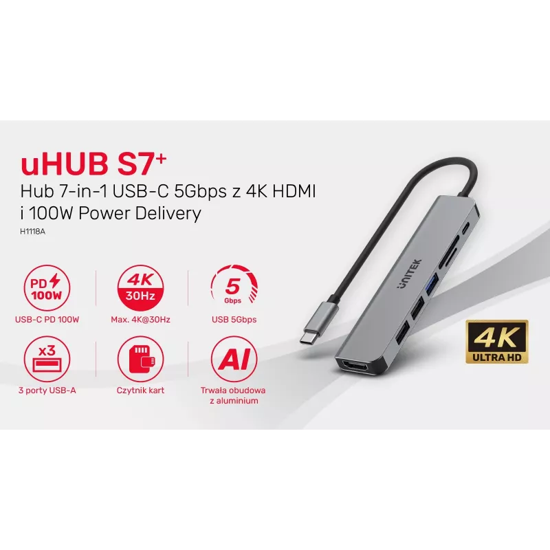 USB-C HUB Unitek 7v1 Aliuminis PD 100W 5 Gbps – kelių prievadų adapteris su Power Delivery