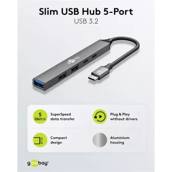 Goobay Slim 5 prievadų USB mazgas, USB-C™ į USB-C™/USB-A, USB 3.2 (74460)