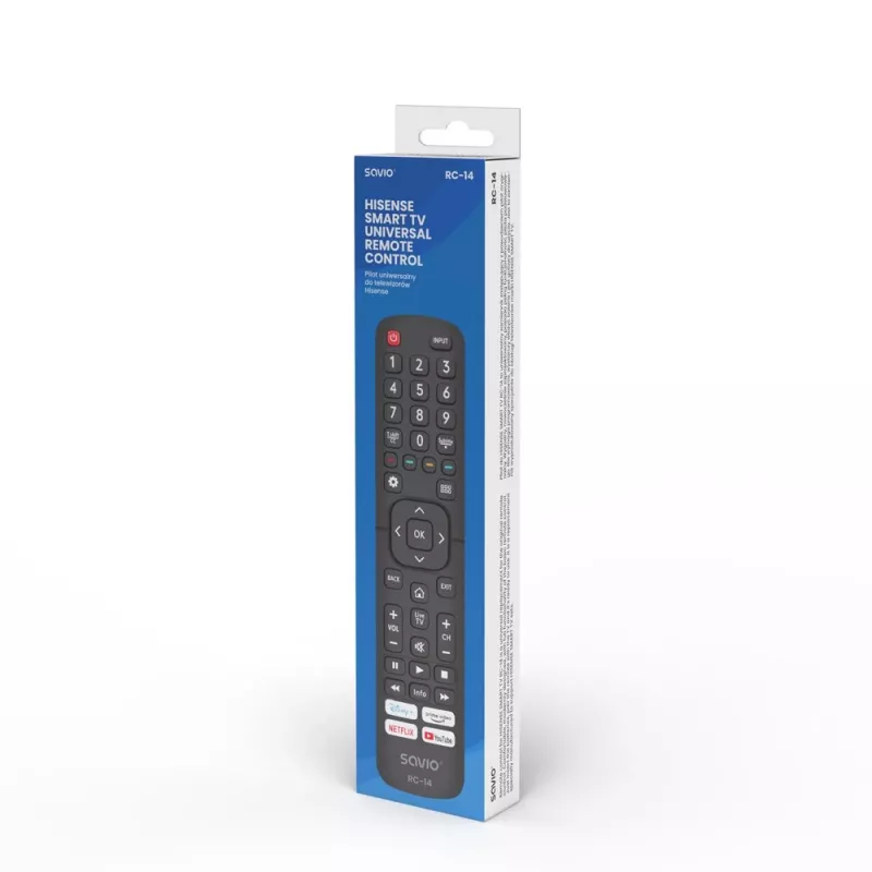 Universalus nuotolinio valdymo pultas SAVIO RC-14, skirtas Hisense Smart TV, IR belaidis, palaiko 14 įrenginių, veikimo atstumas iki 10 m, juodas