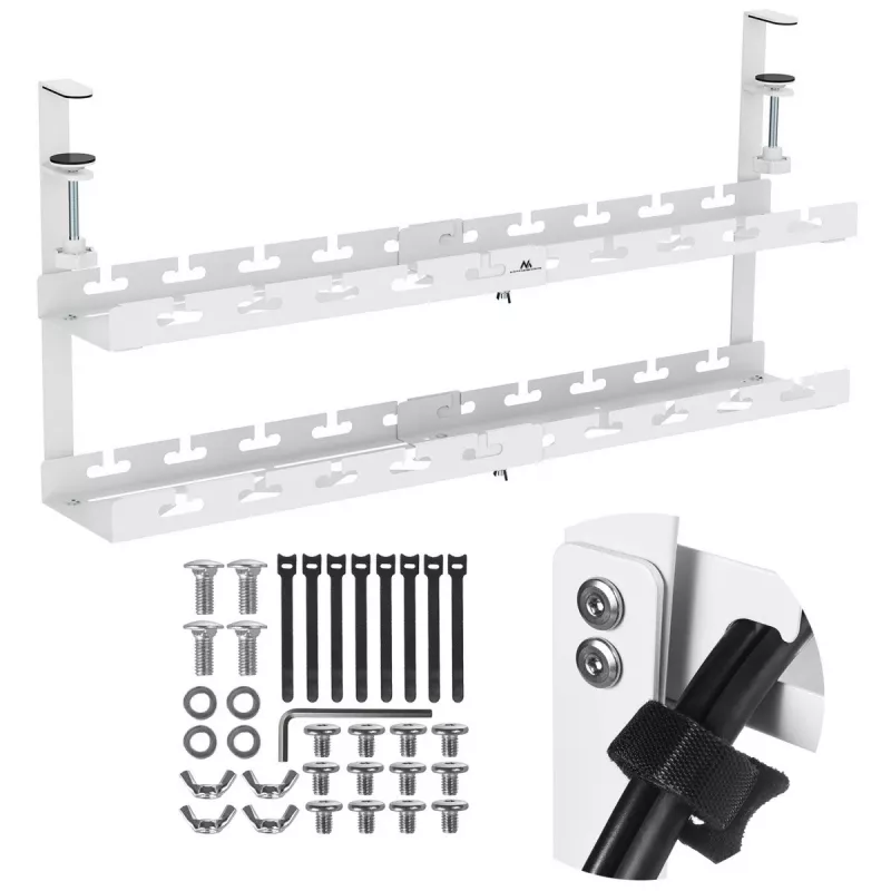 Kabelių organizatorius po stalu MACLEAN MC-102W – plieninis, reguliuojamo ilgio, tinka 0,5–5 cm stalams, apkrova 5 kg, baltas