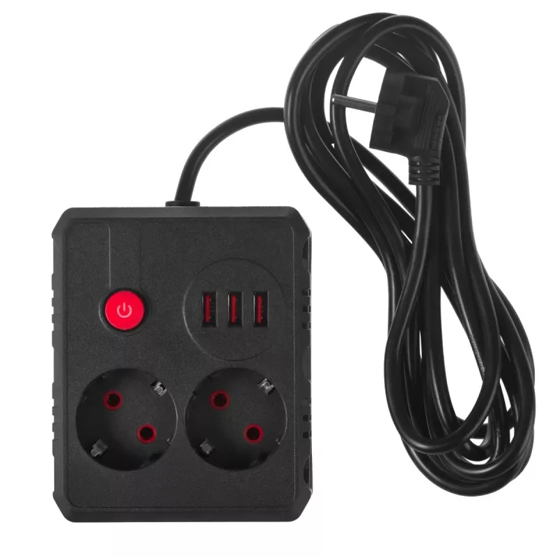Maitinimo blokas MACLEAN MCE388 B – 2 AC lizdai, 3×USB A, 110–120V 50/60Hz, 2500W, 3 m laidas, juodas