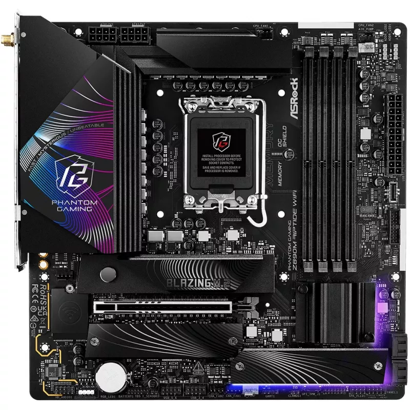 ASRock Phantom Gaming Z890M Riptide WiFi plokštė, Intel Z890, LGA1851, micro ATX, DDR5, iki 256 GB, Wi-Fi 6E, Bluetooth, 5GbE LAN, USB4