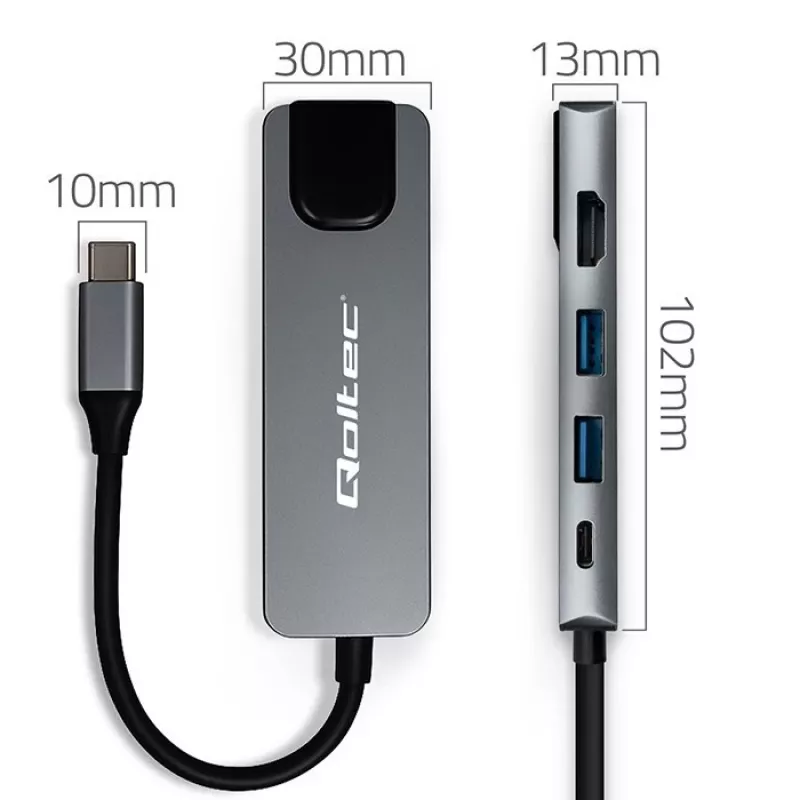 USB-C Hub QOLTEC 53795 5‑in‑1 su 100W PD, 2×USB-A, HDMI 4K, RJ45