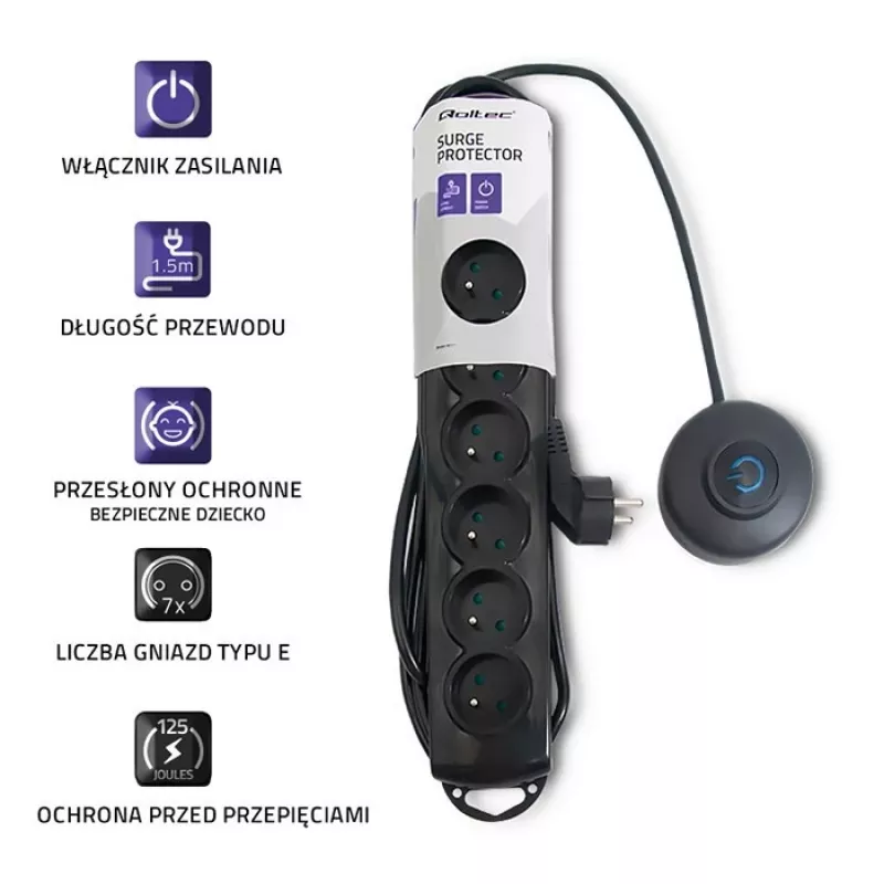 Qoltec 50171 apsauginis nuo viršįtampių filtras 7 kištukiniai lizdai 230V 1.5m juodas