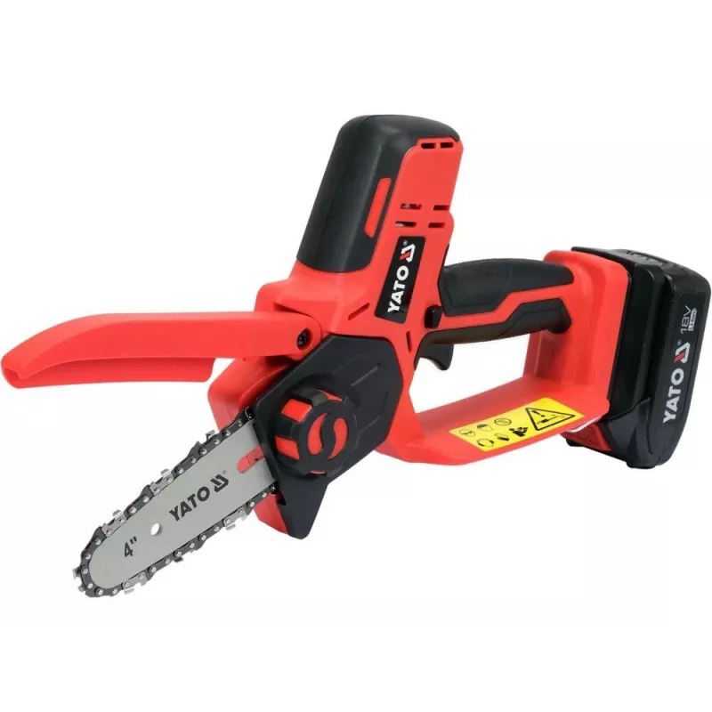 Belaidis grandininis pjūklas YATO YT-828135 — 18V Li-Ion 2Ah, 10 cm padanga, 3200 aps./min., 4,8 m/s grandinės greitis, 26 grandžių