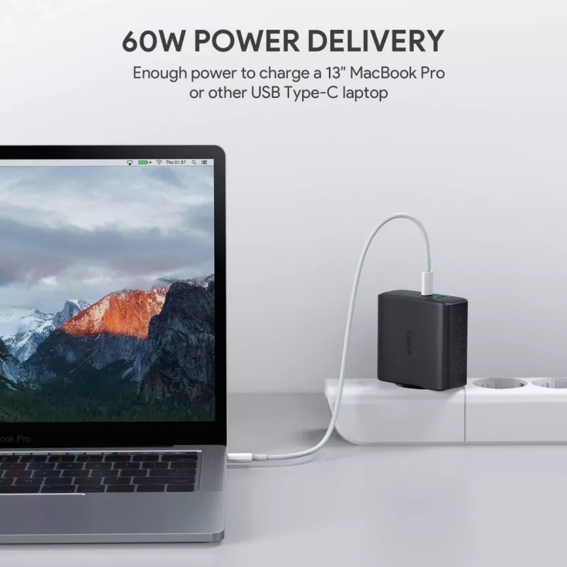 Sieninis įkroviklis Aukey PA-D3 2xUSB (1xUSB + 1xUSB C) Power Delivery 60W 5.4A