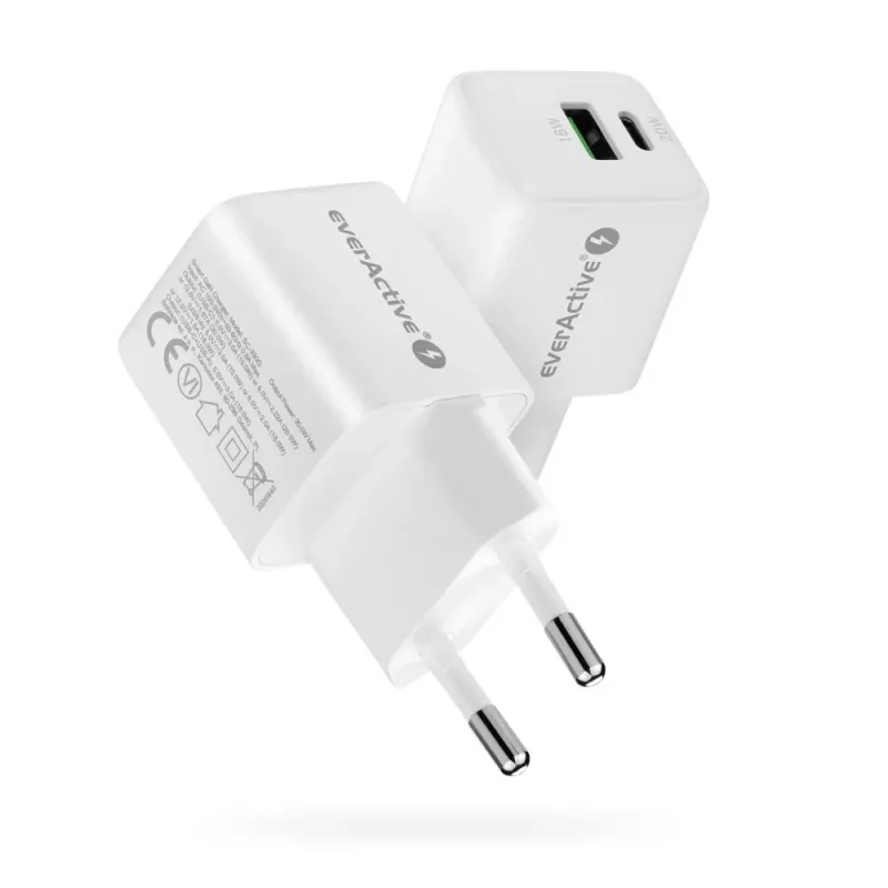 Sieninis įkroviklis everActive SC-330Q su 1x USB-A ir 1x USB-C prievadais, 20W, baltas