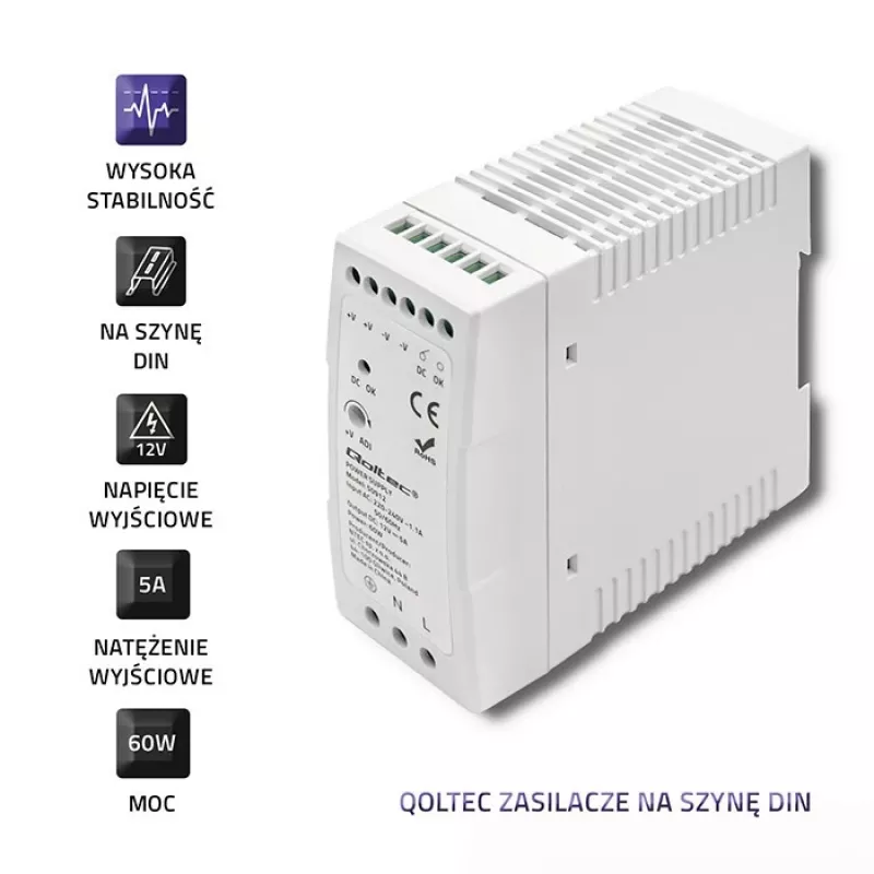 Qoltec maitinimo šaltinis bėgiui DIN | 60W | 12V | 5A | Baltas | Plonas