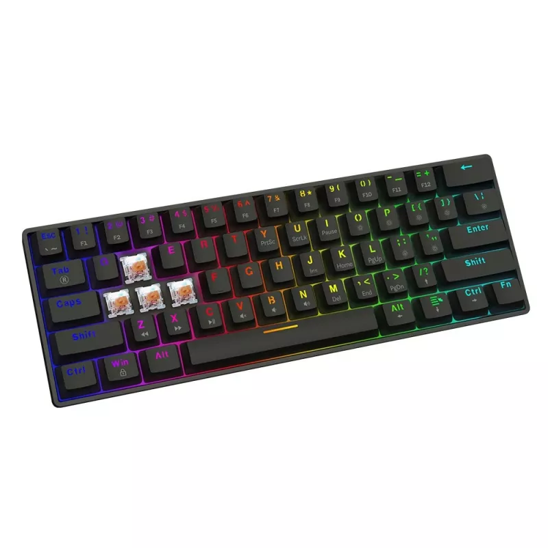 Mechaninė žaidimų klaviatūra SAVIO BLACKOUT X2 PEACH — 61 klavišas 60% QWERTY, RGB LED, hot-swap, USB Type-A/Type-C, atjungiamas laidas