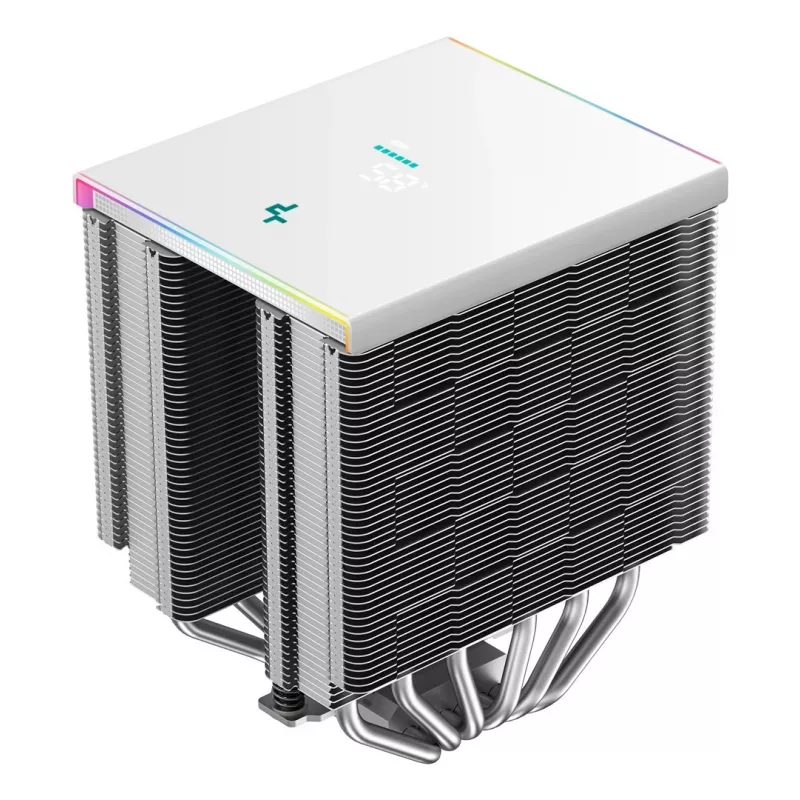 Oro aušintuvas DeepCool AK620 Digital SE White – du 120 mm ventiliatoriai, 6 šilumos vamzdeliai, PWM, LGA 1700, įmontuotas ekranas