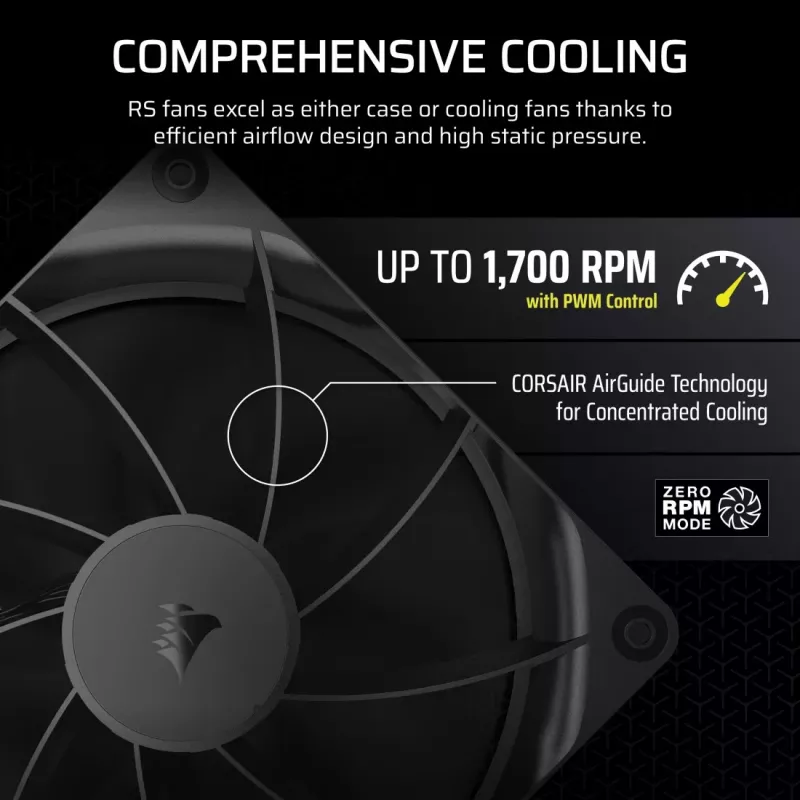 Ventiliatorius Corsair RS140 14 cm juodas 330-1700 RPM 0,11-3,46 mmH2O