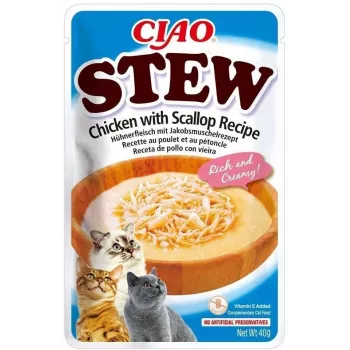 Šlapieji skanėstai katėms INABA Ciao Stew Vištiena ir Jūros šukutės maišelis 40 g – be grūdų, suaugusioms, mėsingi