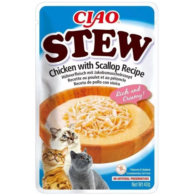 Šlapieji skanėstai katėms INABA Ciao Stew Vištiena ir Jūros šukutės maišelis 40 g – be grūdų, suaugusioms, mėsingi