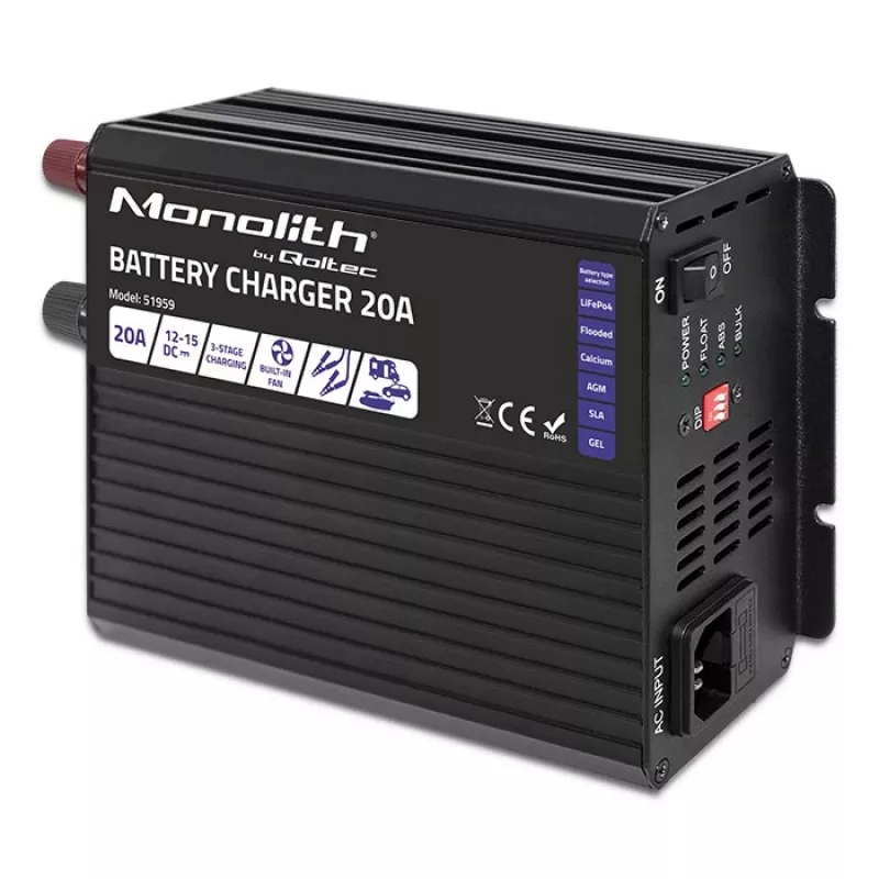 Kroviklis QOLTEC Monolith 20A 12V LiFePO4, AGM, GEL, SLA akumuliatoriams