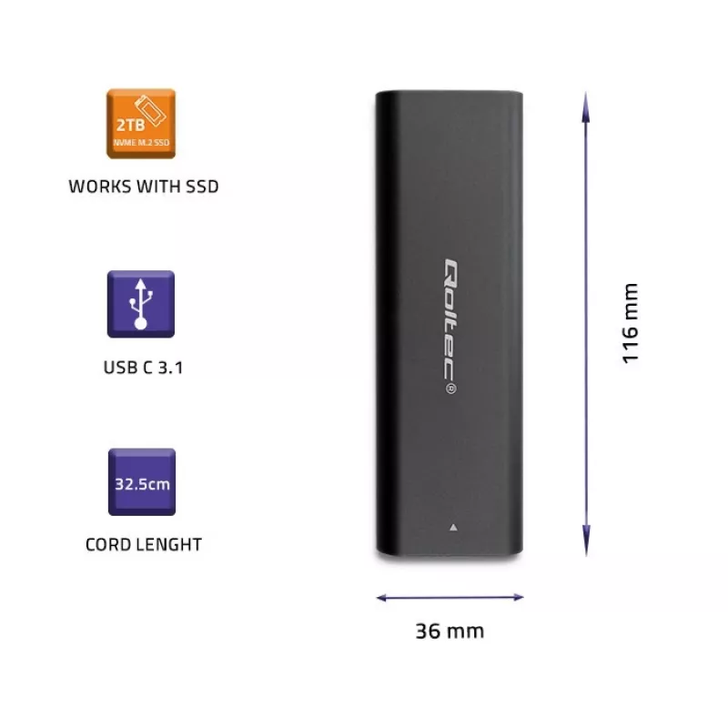 Qoltec 50312 M.2 NVMe SSD dėžutė, USB Type-C, juodos spalvos