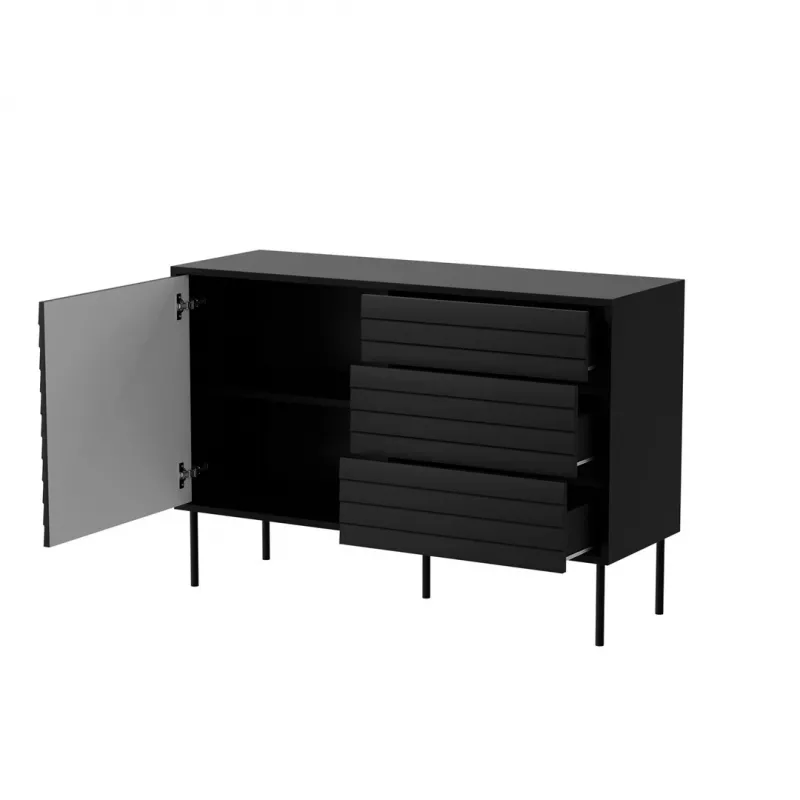Komoda cama meble CORTINA 1D3S 120x40x81 cm, juoda, 3 stalčiai, medžio drožlių plokštė